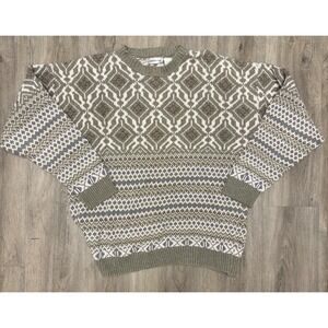 Vintage Claiborne Knit Sweater L Made in USA Olive Geometric Pattern 90s